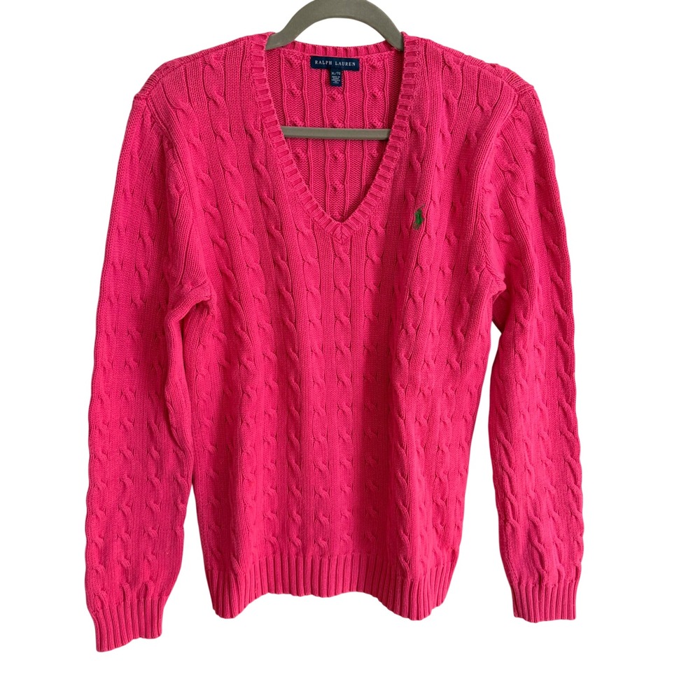 Ralph Lauren Hot Pink Cable Knit Sweater XL Pony Logo Preppy Y2K Academia
